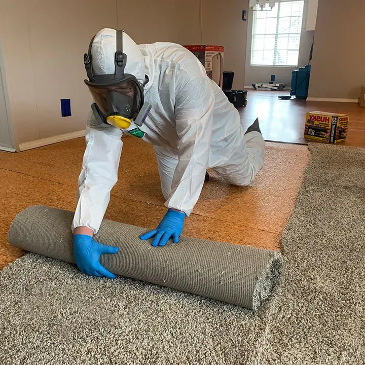 Technician removing wet carpet after a water loss near Dale